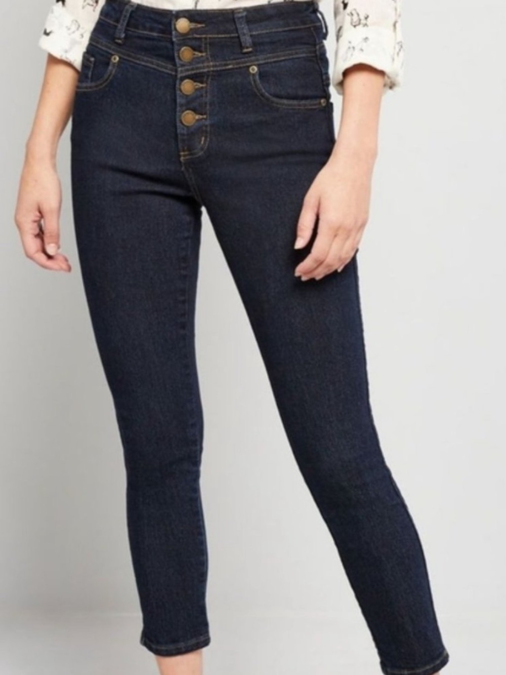 ModCloth High-Waisted Button Fly Skinny Jeans - Dark Wash Cropped Size 4